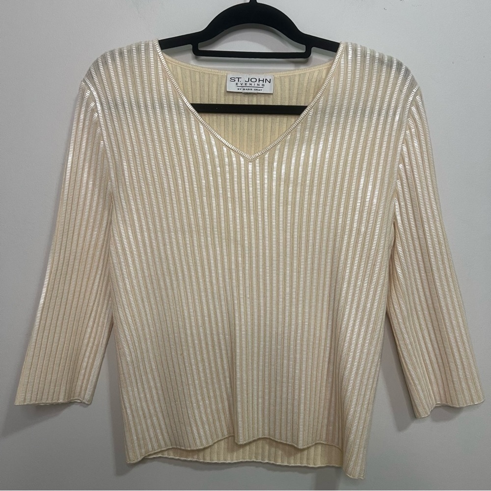 Vintage St. John Evening Cream V-Neck Women's Embellishment Sweater Top Spring